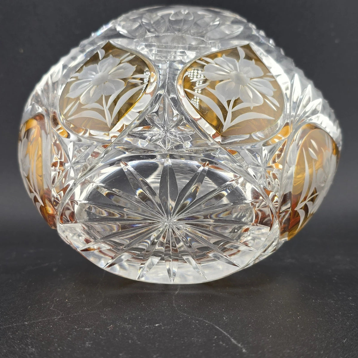 Cut Crystal Basket Amber Cut to Clear Etched Floral Handled 6" Vintage