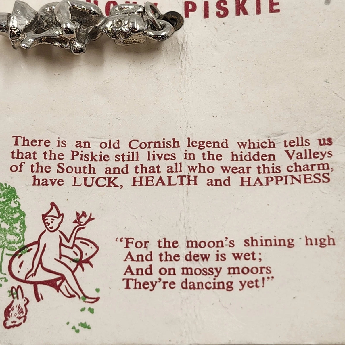 Cornish Lucky Piskie Pixie Luck Health Charm Silver Tone Pendant w Original Card