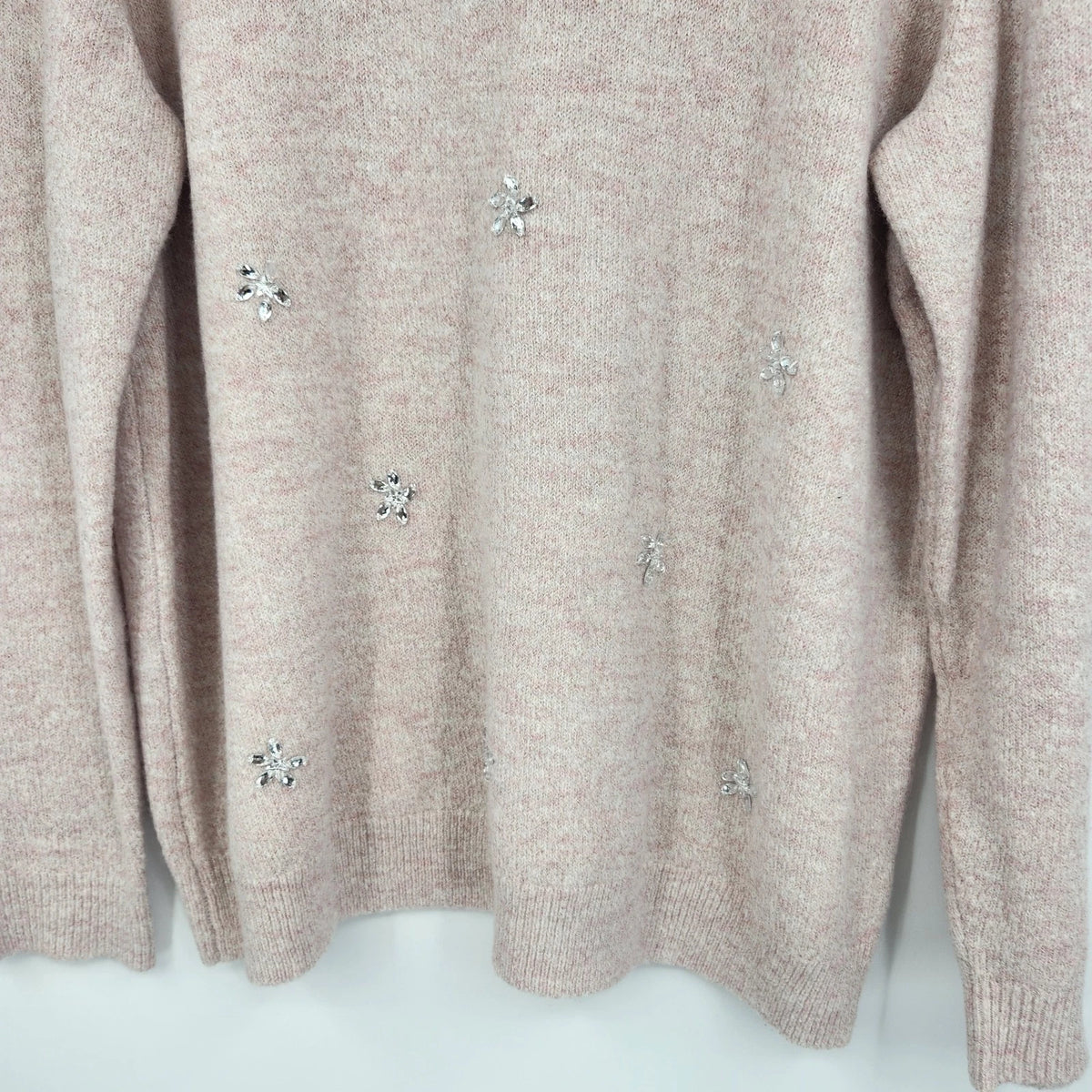 ELLE Women's XL Pink Metallic Knit Sweater Rhinestone Floral Crew Neck