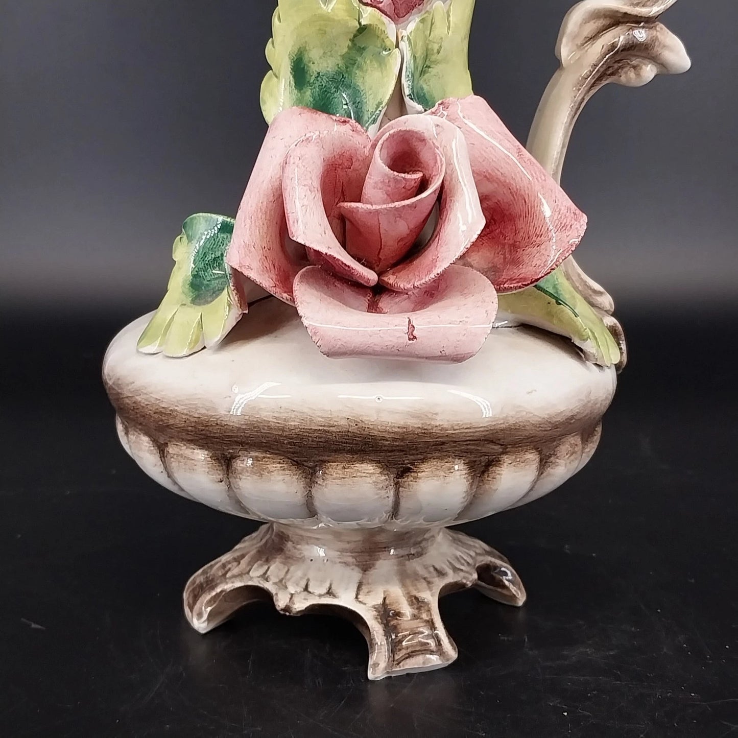 Capodimonte Italy Ceramic Pitcher Vase Pink Roses Ornate Porcelain Vintage