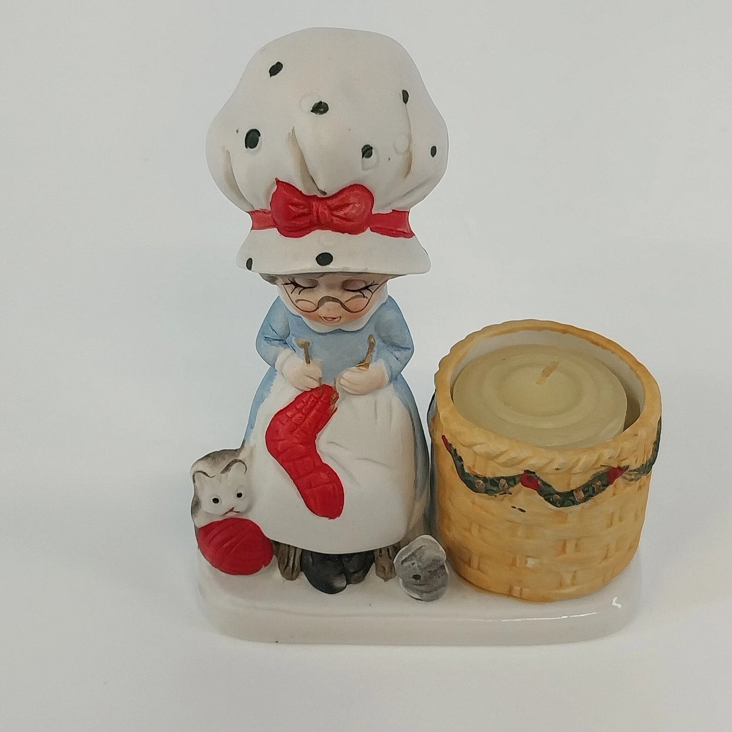 Jasco Christmas Luvkins Mrs Claus Candle Holder Knitting Cat Porcelain 1978 Vtg