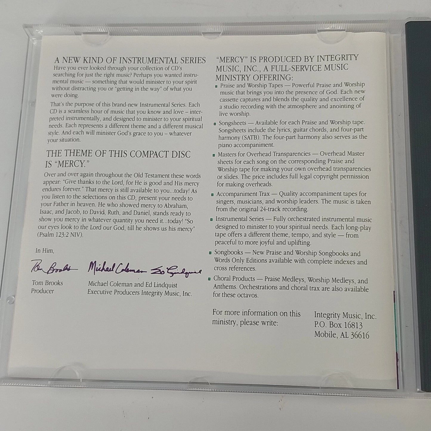 Integrity Music Experience Mercy Instrumental CD 1989 Christian Worship Praise