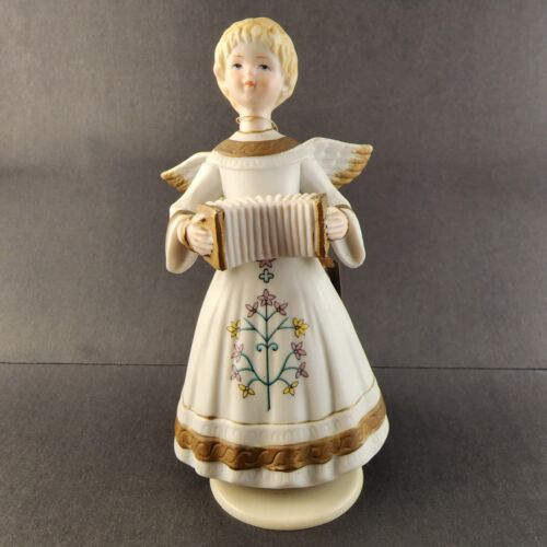 Schmid Ceramic Angel Musical Music Box Accordion Brahms Lullaby Turns Movement