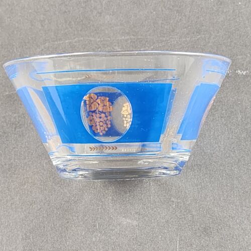 Hazel Atlas 2pc Chip and Dip Glass Bowl Set Blue Gold Grapes Wheat Pattern Faded