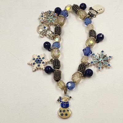 Kenneth Cole Silver Tone Blue White Snowman Christmas Winter Charm Bracelet