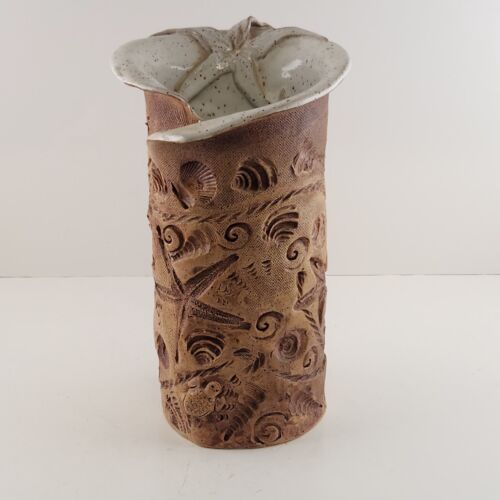 Studio Art Pottery Vase Seascape Nautical Lazy Starfish Split Rim Sandstone