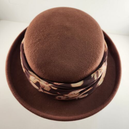 Arlin Brown 100% Wool Hat Church Derby with Leaf Print Scarf Hatband Vintage