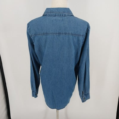 Earl Jean Chambray Tunic Blouse L Blue Cotton Lace-Up Grommet Ties Pockets