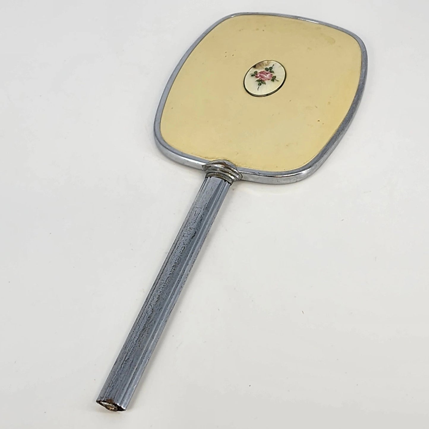 Hand Mirror 12.5" Silver & Yellow Beveled Glass Cameo Rose Flower Vanity Decor