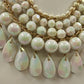 Gold Tone Chain with White Faceted Round & Teardrop Beaded Statement Necklace