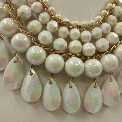 Gold Tone Chain with White Faceted Round & Teardrop Beaded Statement Necklace
