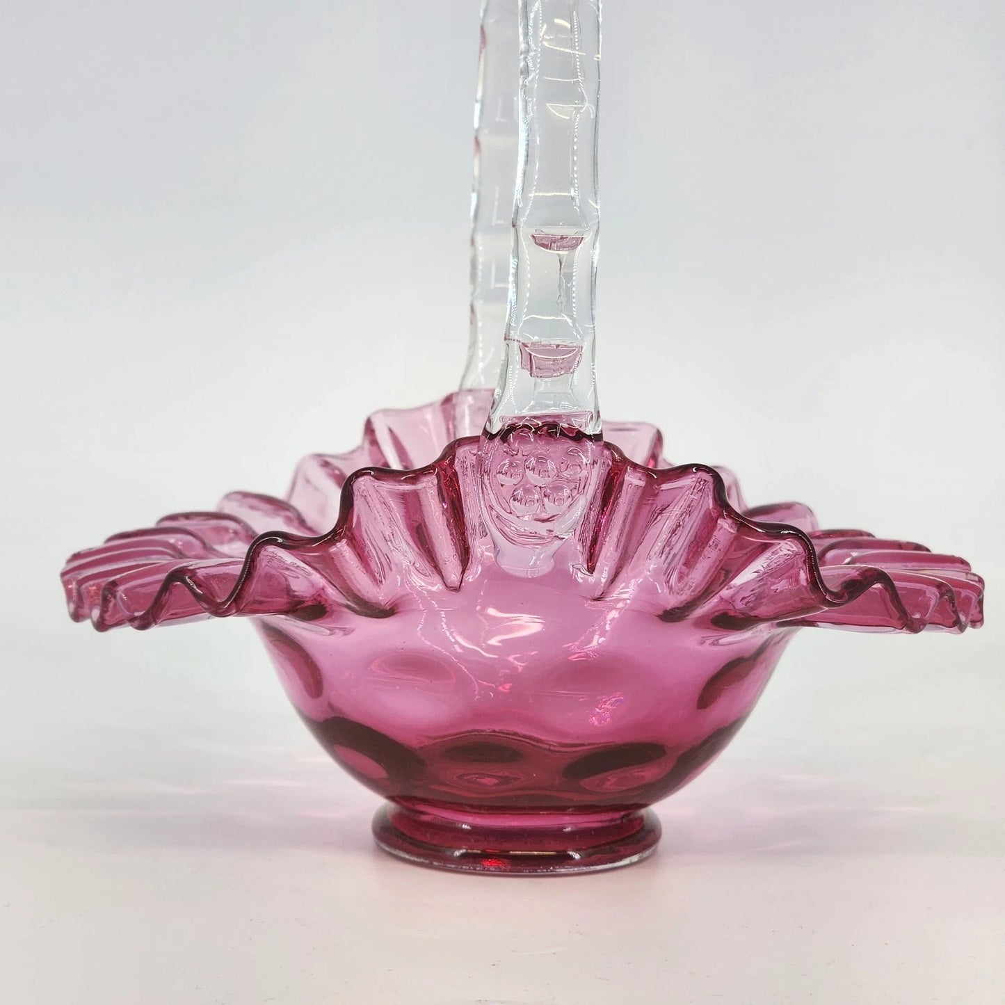 Vintage Fenton Cranberry Glass Basket Coin Dot Ruffled Handle