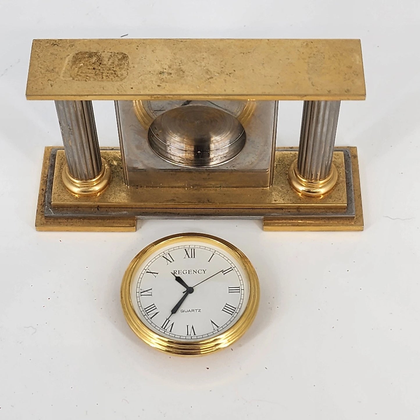 Regency Quartz Desk Mantel Clock Two Tone Gold Silver 5" Long Repair/Parts Only