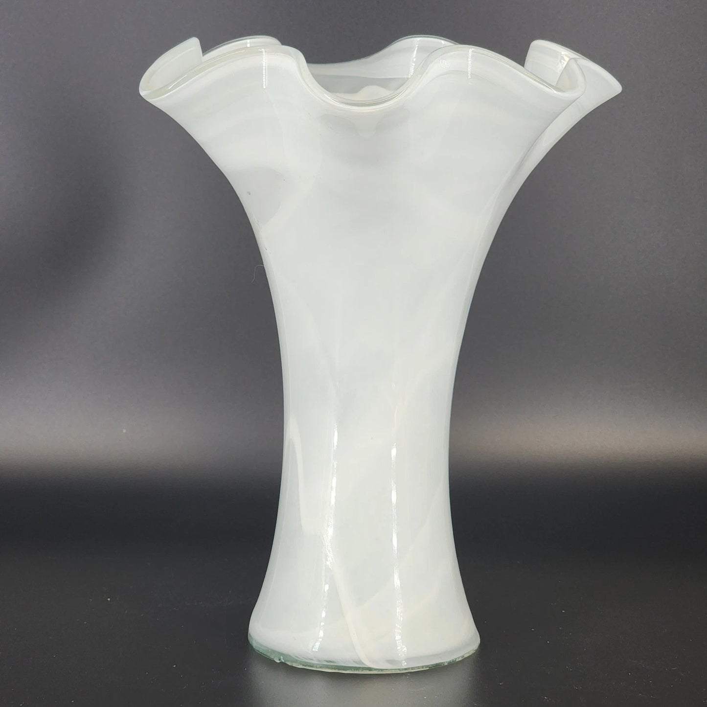 Frosted Art Glass Large Vase 11" Ruffled Scalloped Top White Swirl Hand Blown