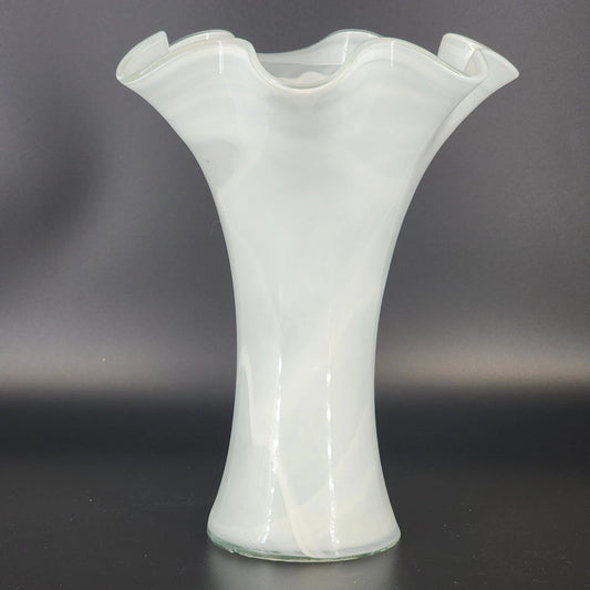 Frosted Art Glass Large Vase 11" Ruffled Scalloped Top White Swirl Hand Blown