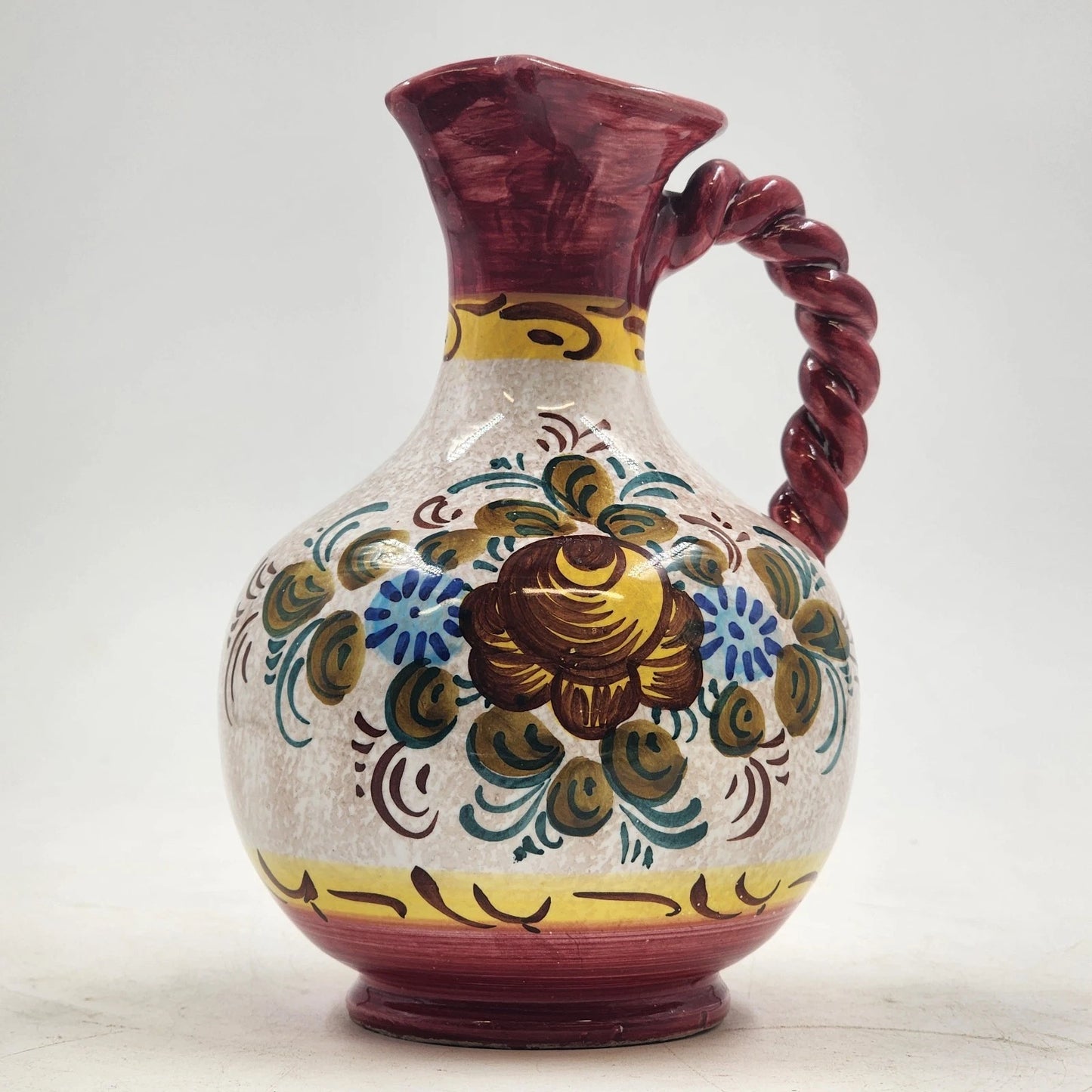 Italian Ceramic Pottery Pitcher Hand Painted Bright Floral Twist Handle 8.5"