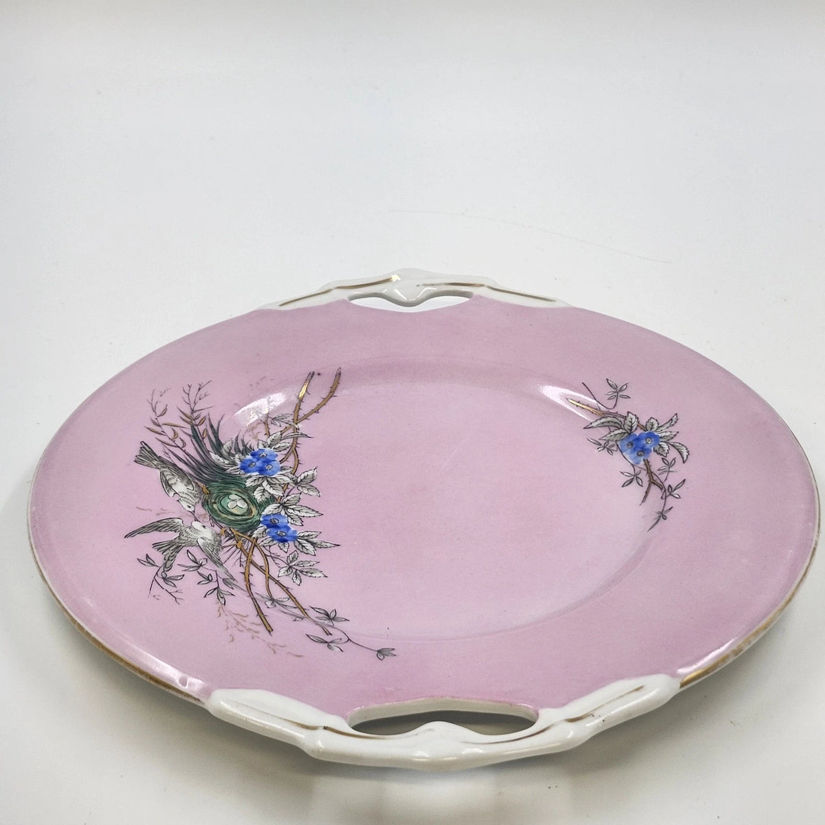 Pink Porcelain Cake Plate Birds Nest Blue Flowers Gold Handles 10.5" Antique