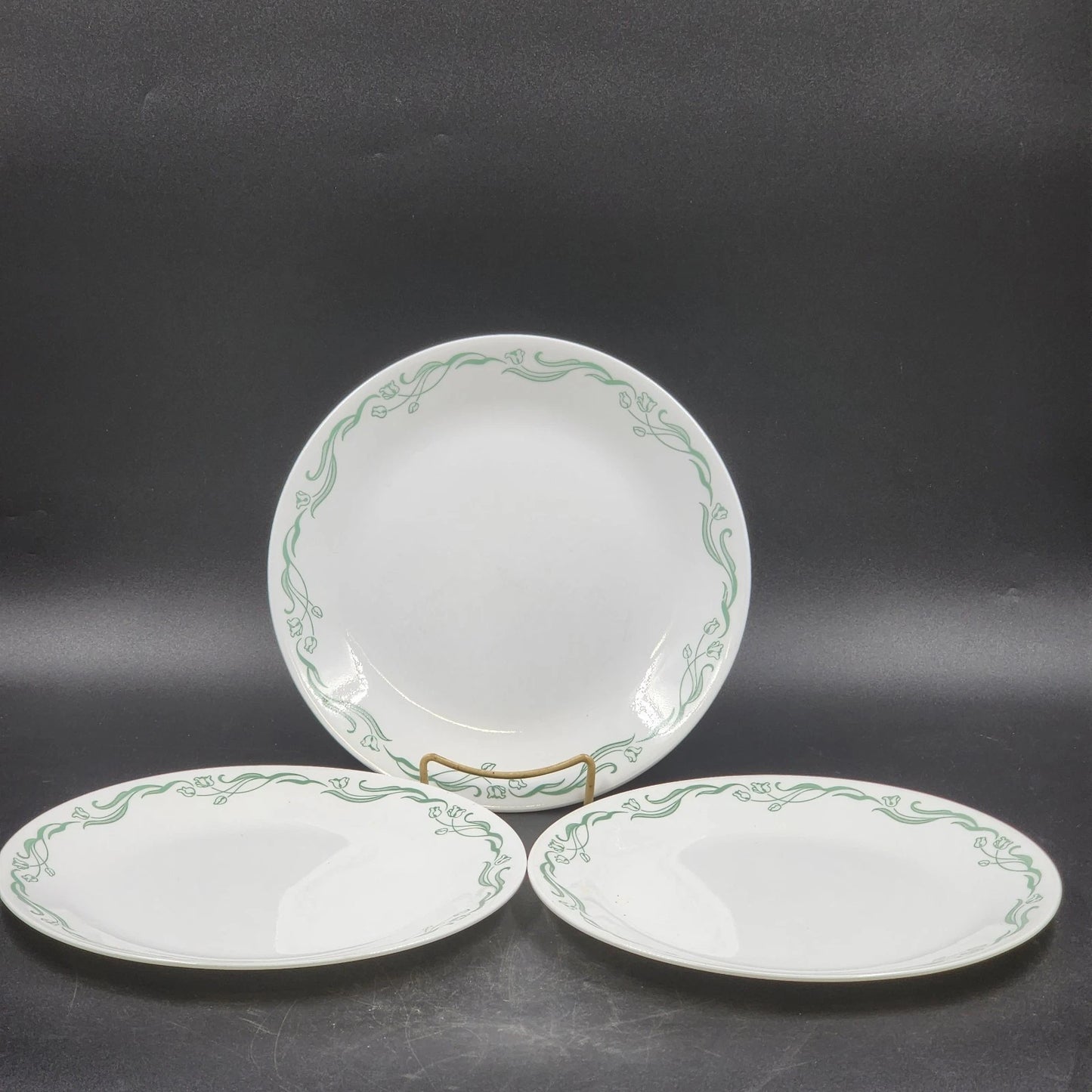 3 Corelle Emily Dinner Plates 10.25" Green Swirl Pattern Corning Ware USA