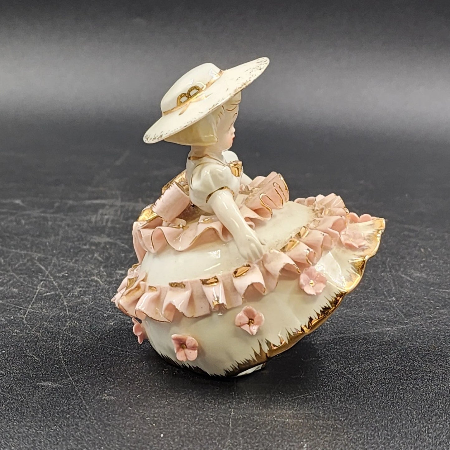 Lefton Bloomer Girl Figurine 4" Curtsy Dress Roses Gold Trim Signed Geo Z K1412