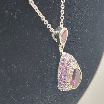 Silver Tone Chain Pear Cut Dangle Purple Rhinestone Amethyst Necklace & Earrings