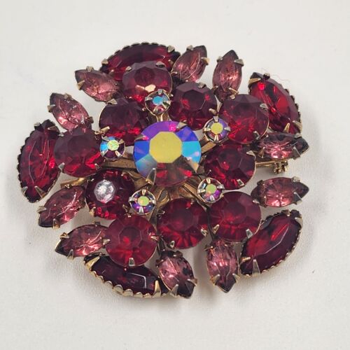 Red & Pink Rhinestone Brooch, Round 2" Diameter Vintage