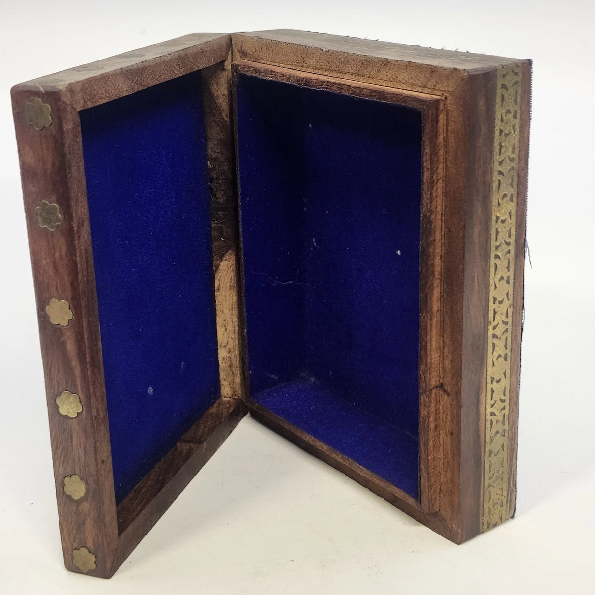 Wood Jewelry Trinket Box Painted Woman Deer Brass Inlay Purple Velvet 5.25"
