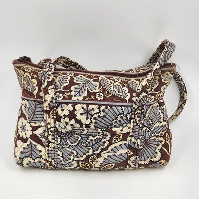 Vera Bradley Shoulder Bag Tote Slate Blooms Brown/Blue Floral Cotton Quilted Zip
