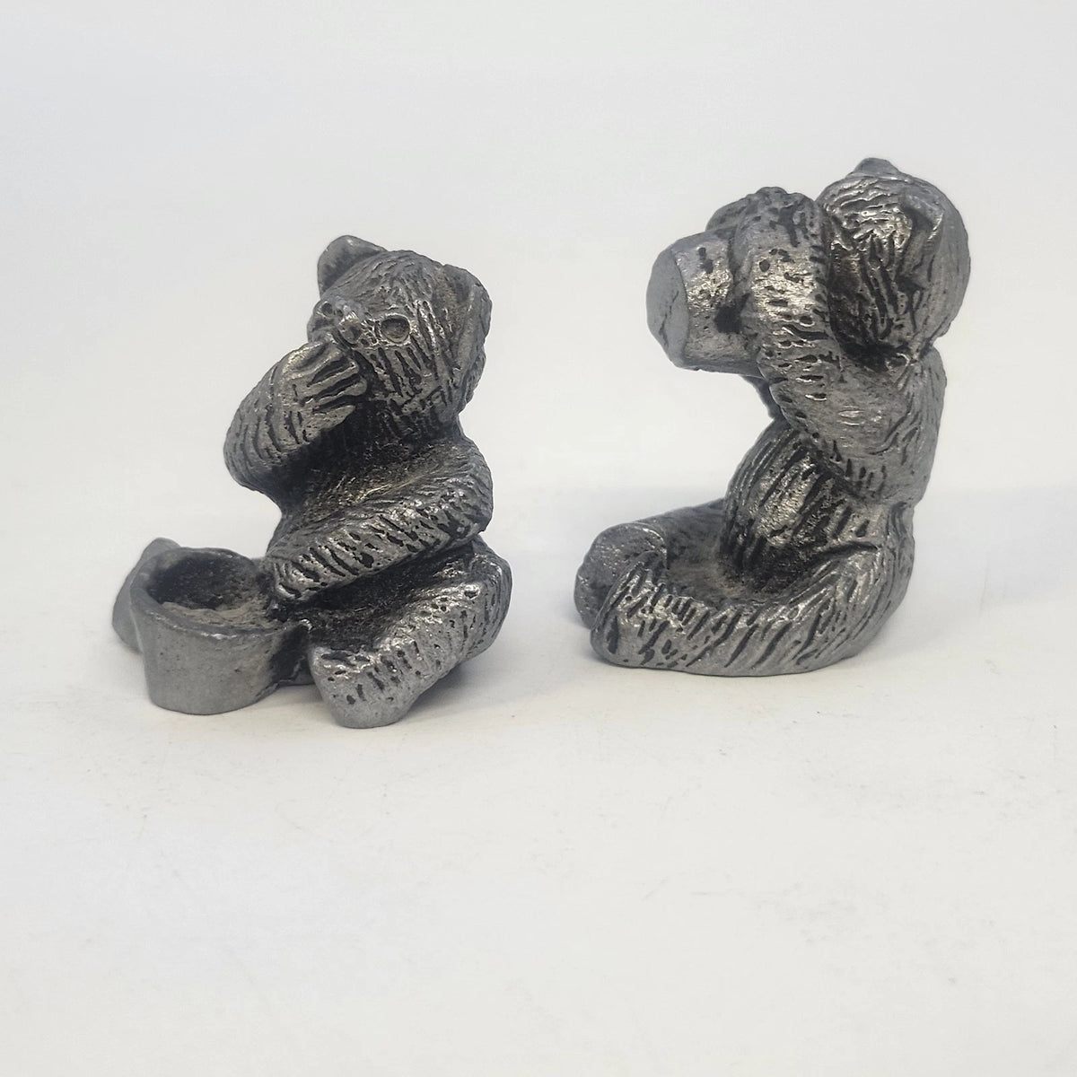 Pewter Bear Figurine Lot 2 Honey Pot See No Evil Miniature 1.5" Textured Fur Vtg