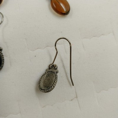 2 Dangle Earrings Silver Onyx Lever & Bronze Amber Bead Hook Set Vintage