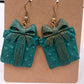 Gold Tone Wrapped Gift Box Green Dangle Hook Earrings Christmas Holiday Jewelry