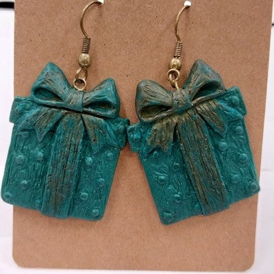 Gold Tone Wrapped Gift Box Green Dangle Hook Earrings Christmas Holiday Jewelry