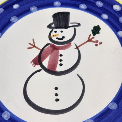 Round Serving Platter Present Tense Italy Hand Painted Snowman Christmas 14"