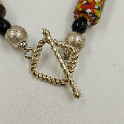 Black & Multicolor Bracelet Art Glass Beaded with Gold Tone Knotted Jewelry 7"
