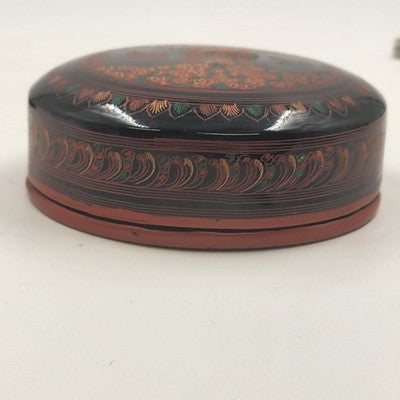 Vintage Lacquerware Coaster Set – 6 Matching Ceramic Foo Dog Coasters in Black, Red & Gold with Storage Box – Asian Guardian Lion Motif