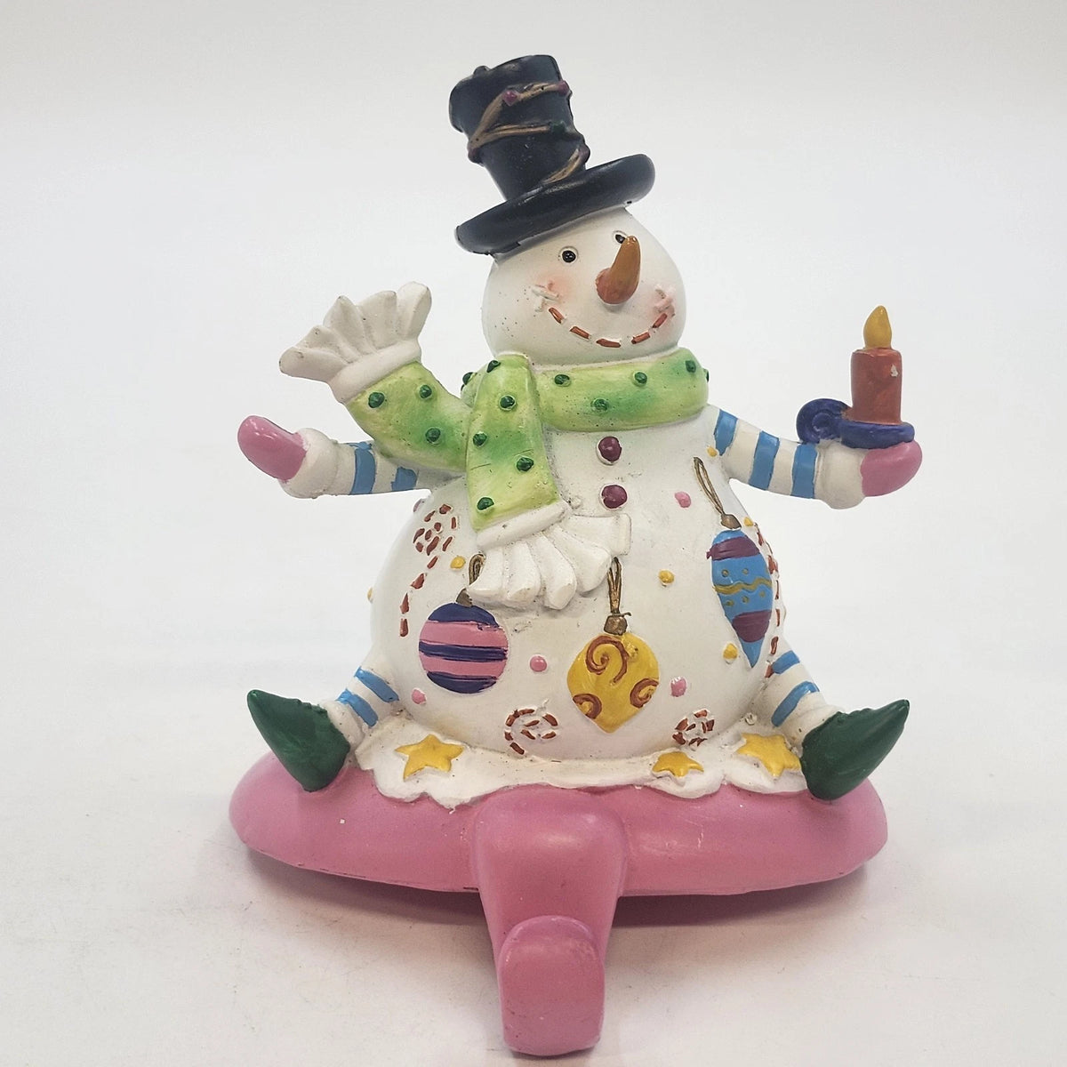Snowman Stocking Holder Figurine 5.5" Pink Base Candle Scarf Hat Christmas Resin