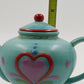 Jim Shore Teapot Candle Enesco Heartwood Creek Blue w Red Heart Ceramic Chip Lid