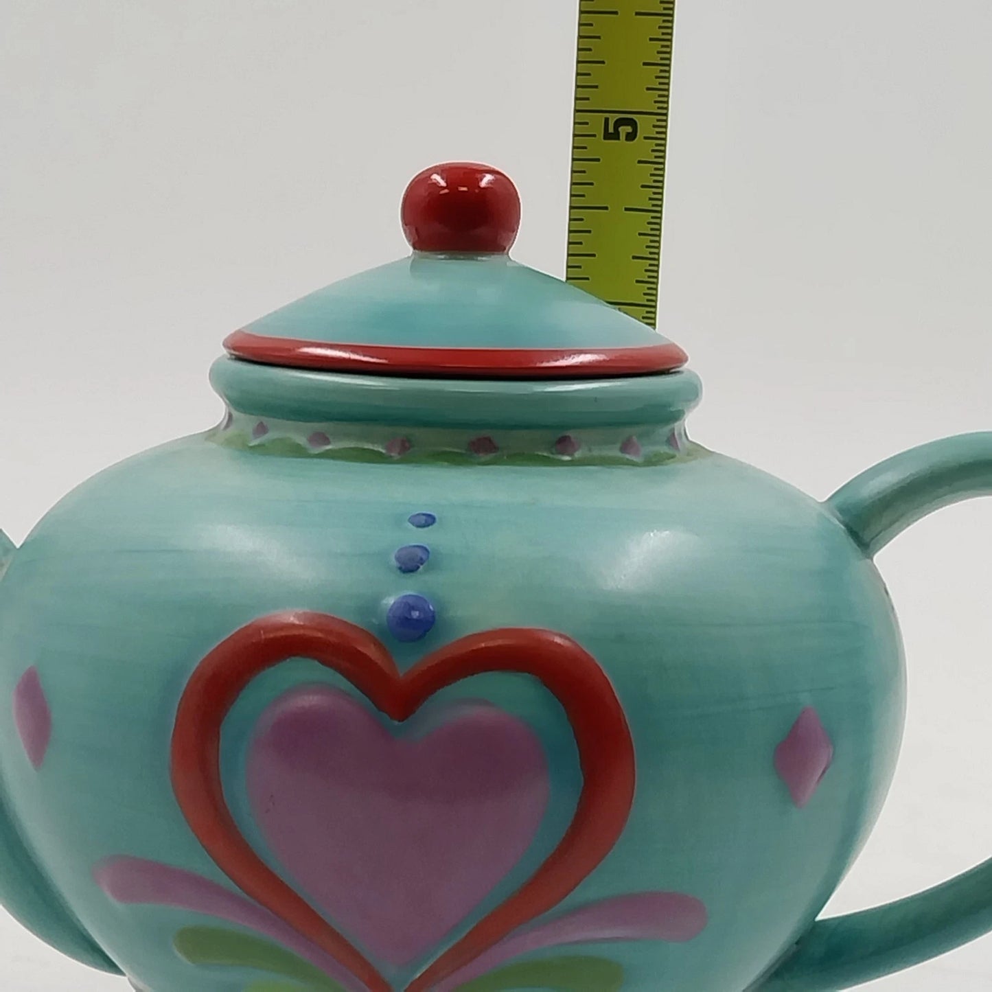 Jim Shore Teapot Candle Enesco Heartwood Creek Blue w Red Heart Ceramic Chip Lid