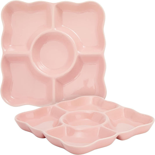 2 Pk Porcelain Pink Divided Serving Tray Appetizers 5 Compartments NEW 9.5"