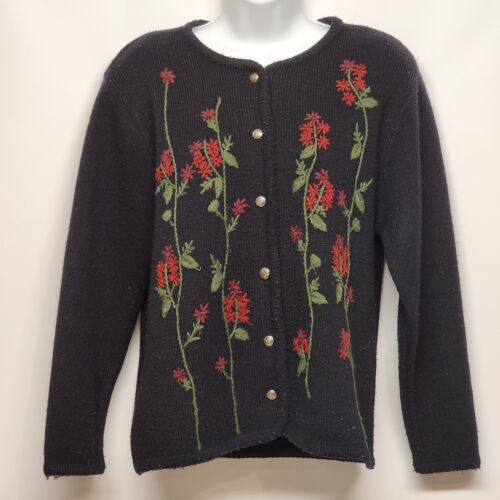 CC Hughes Woman's Cardigan Sweater Small Black Embroidered Red Foliage Button Up