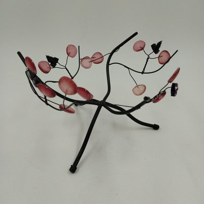 Black Metal Pink Leaf Flower Serving Bowl Stand Display Vintage 1990s 5.25"