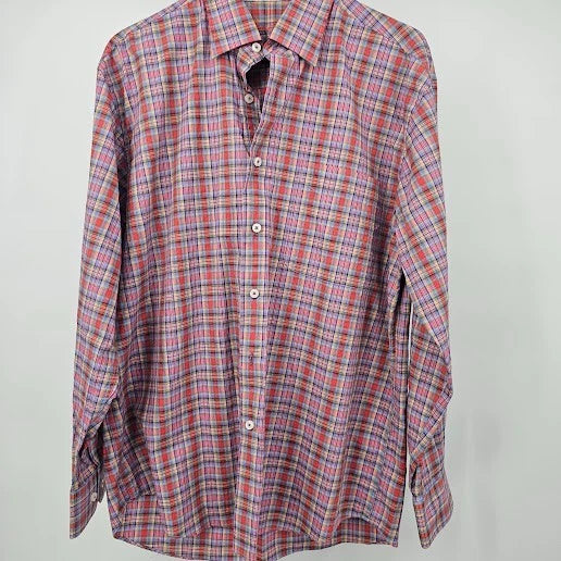 Alan Flusser Mens Multicolor Plaid Button-Up Shirt Size Medium 100% Cotton China