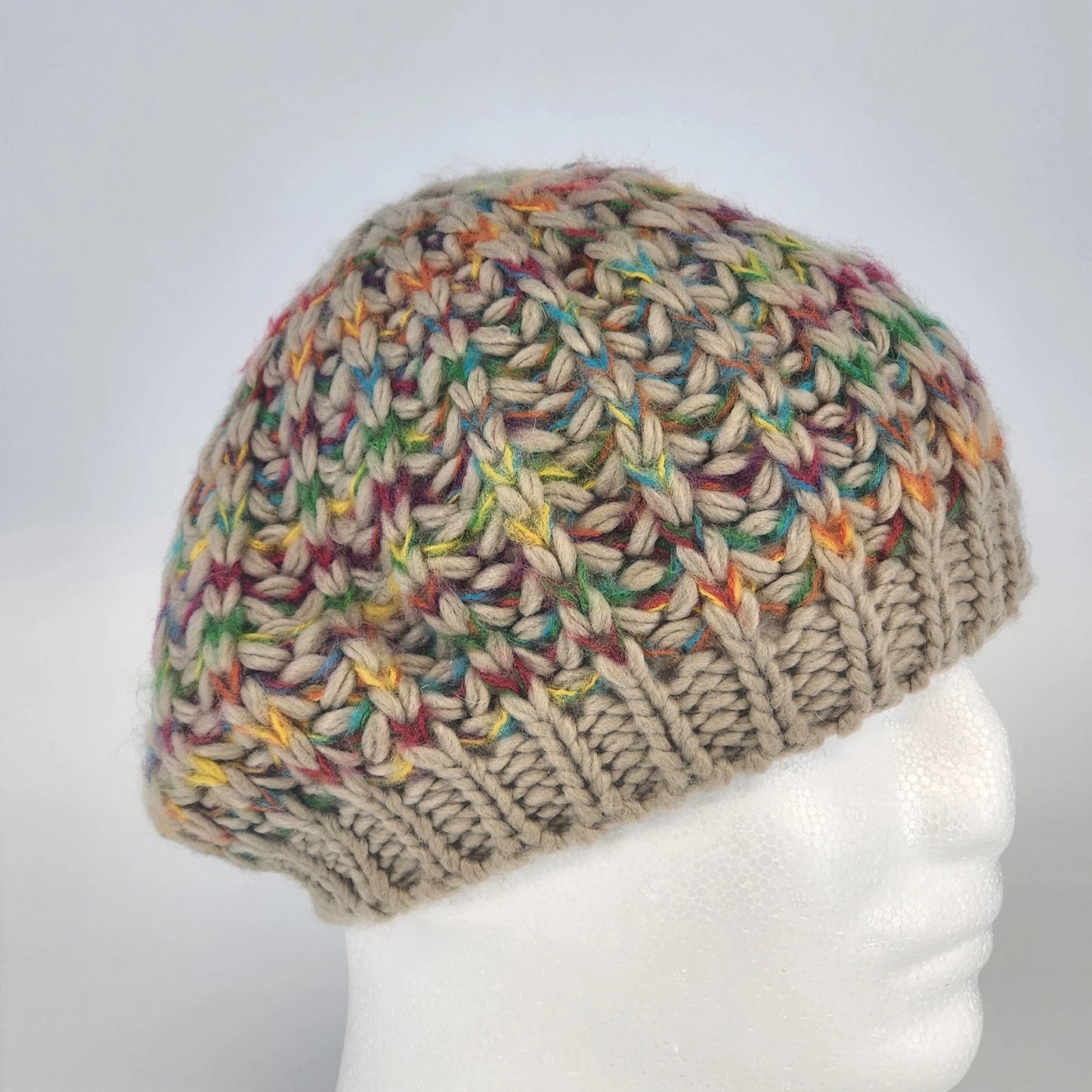 Hand Knitted Tan Beret Hat Rainbow Accent Slouchy Cap