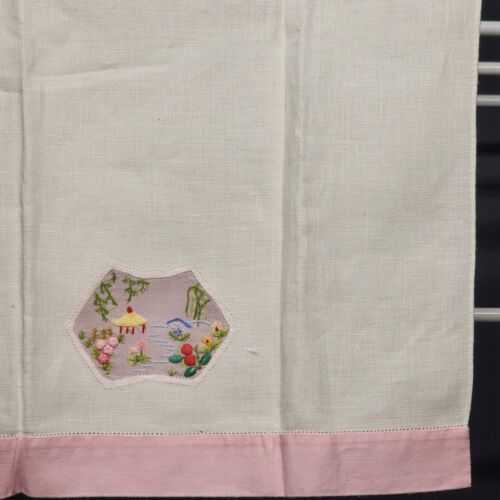 Lot of 3 Linen Tea Towels Embroidered And Appliqued Pink Blue Green Vintage