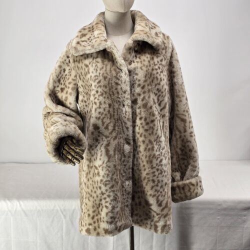 Dennis Snow Leopard Faux Fur Coat Medium Dennis Basso Mid Length Pockets Lined