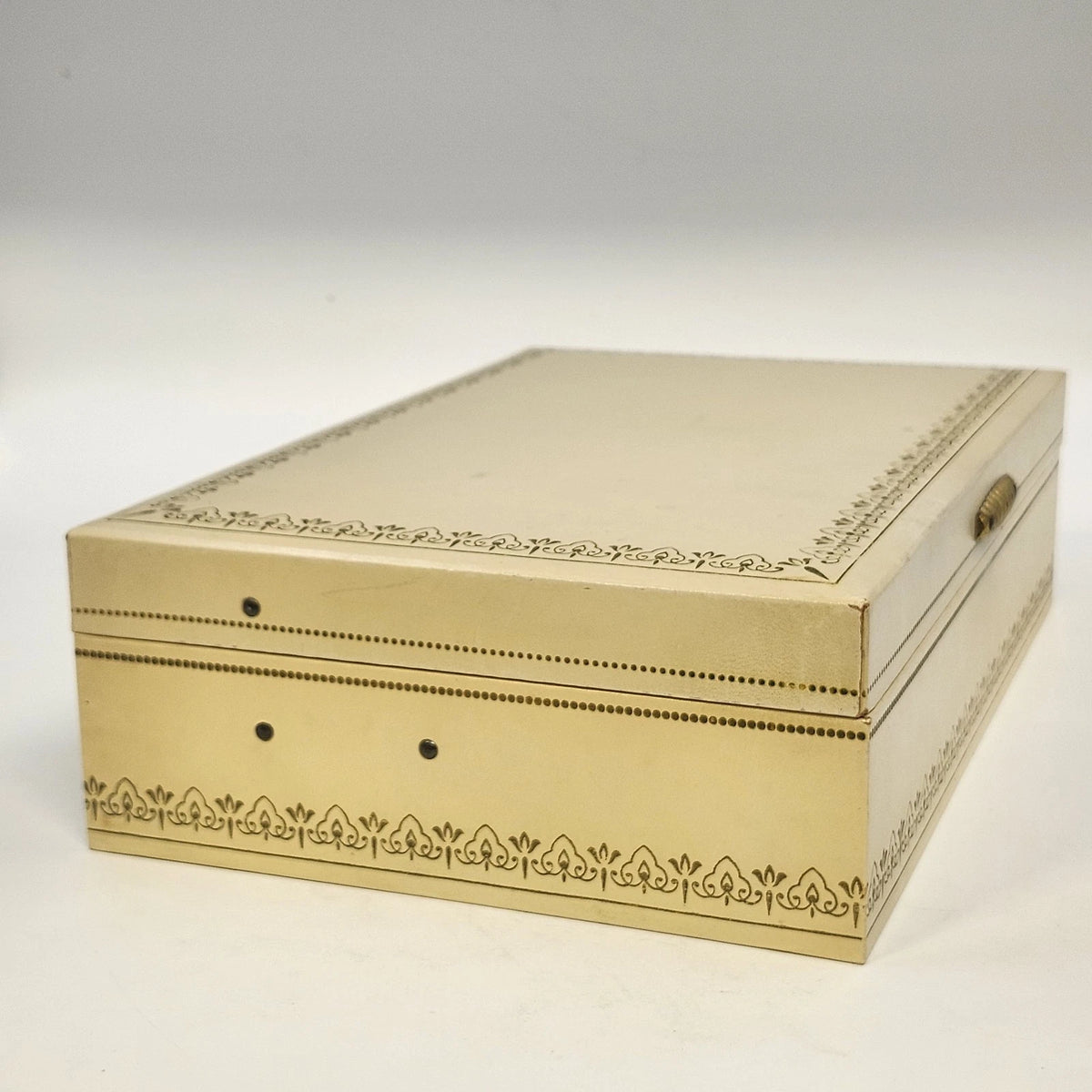Jewelry Trinket Box Cream Gold Filigree Red Velvet Satin Lift Out Tray 12.5" Vtg