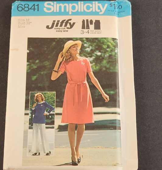 Simplicity 6841 Vintage Sewing Pattern 1975 Misses Jiffy Dress Vintage Size 12