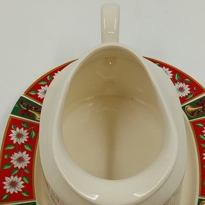 Charlton Hall Christmas Gravy Boat & Saucer Classic Traditions Ceramic Crazed