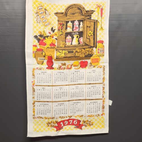 Country Cabinet with Spices 1976 Calendar Linen Kitchen Towel Vintage 27" x 16"