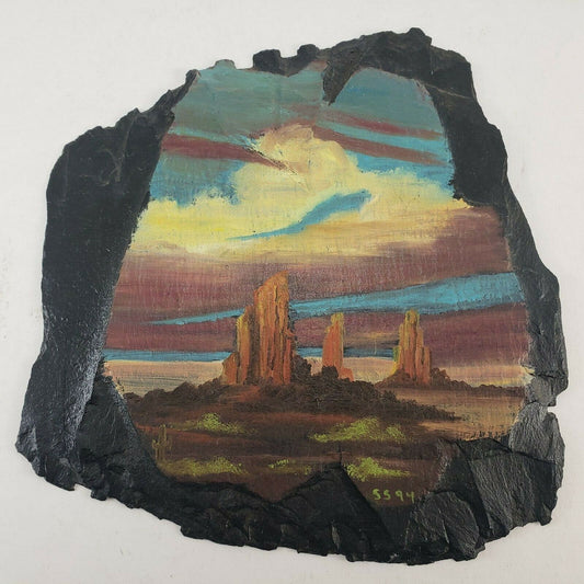 Desert Scene Hand Painted Piece of Slate Numbered 5594 Not Signed Small 6" Wide