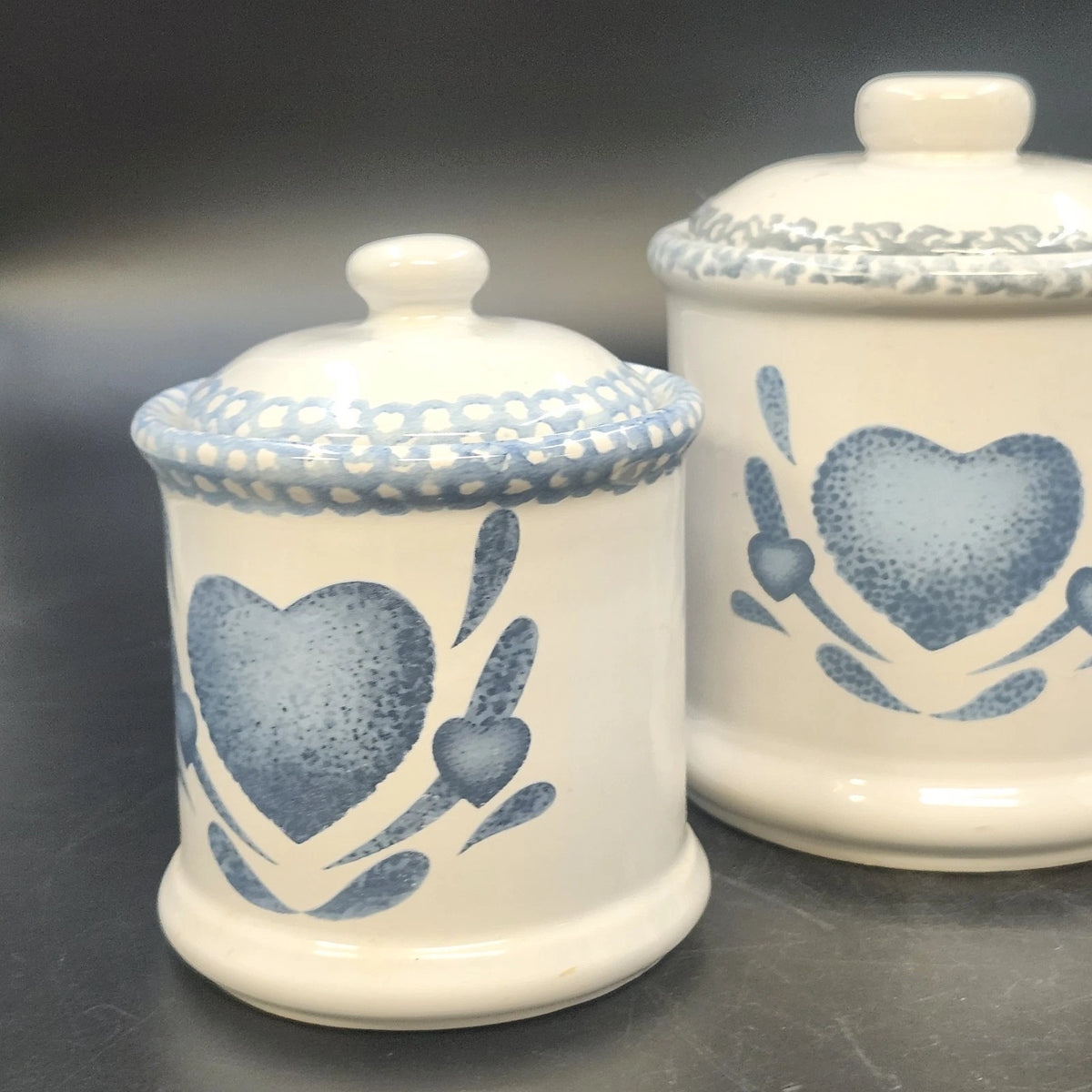 Blue Heart Canister Set 3 Lidded Ceramic Stoneware Farmhouse Kitchen Jars 1980s